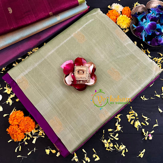 Pastel Green with Violet Handloom Silk Cotton Saree-VS140