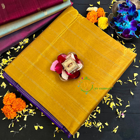 Mustard Yellow with Blue Handloom Silk Cotton Saree-VS137