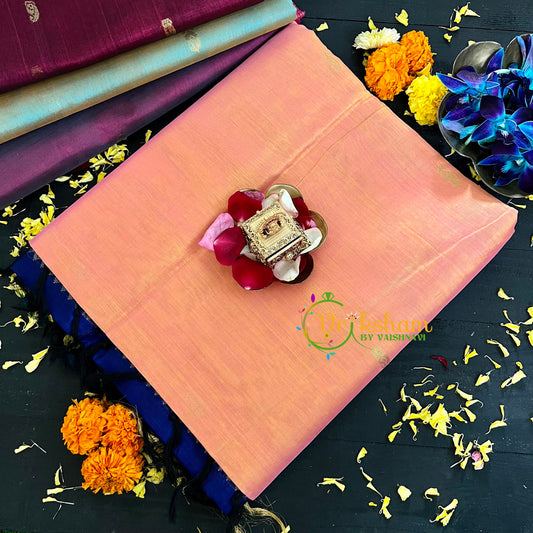  Peach with Blue Handloom Silk Cotton Saree-VS126