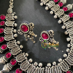 Red Stone Oxidized Kolhapuri Choker Short Neckpiece-Lotus-S690