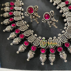 Red Stone Oxidized Kolhapuri Choker Short Neckpiece-Lotus-S690