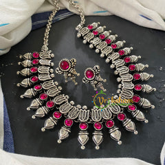 Red Stone Oxidized Kolhapuri Choker Short Neckpiece-Lotus-S690