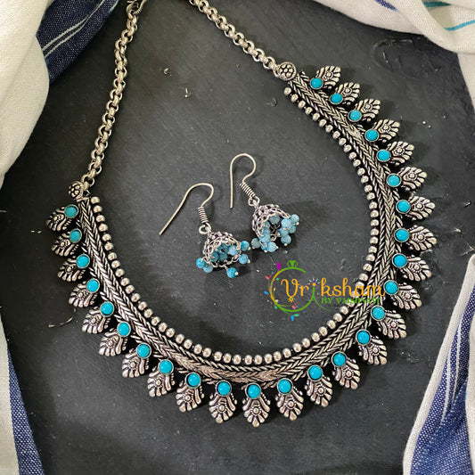 Matt Turquoise Stone Oxidized Kolhapuri Choker Short Neckpiece-S691