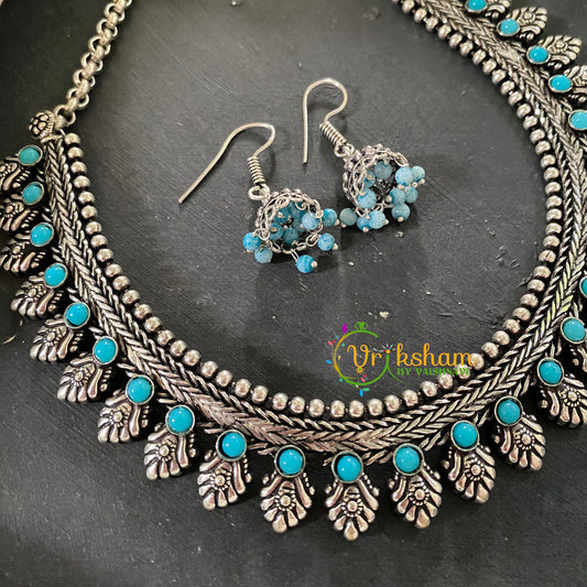 Matt Turquoise Stone Oxidized Kolhapuri Choker Short Neckpiece-S691