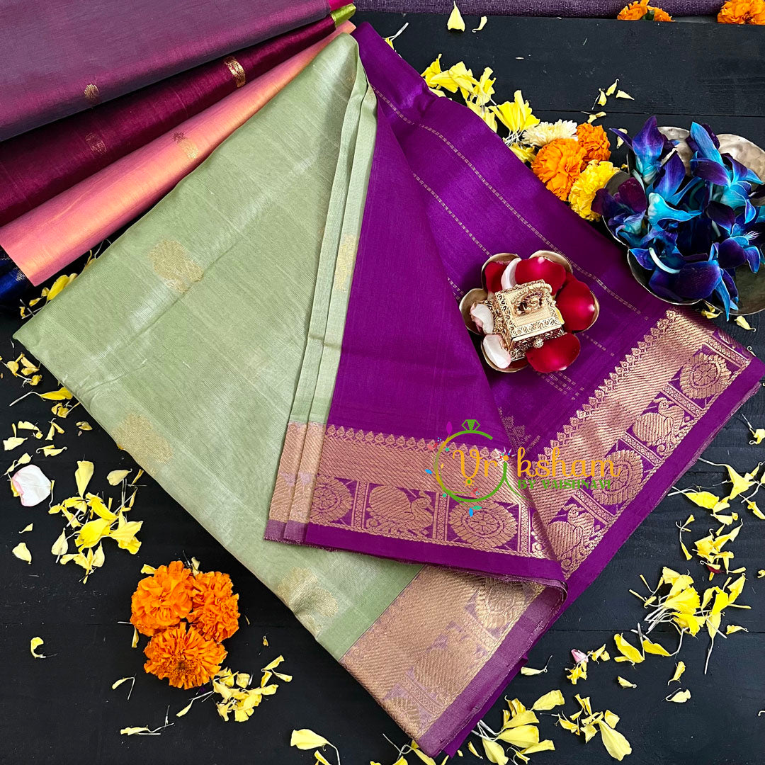 Pastel Green with Violet Handloom Silk Cotton Saree-VS140