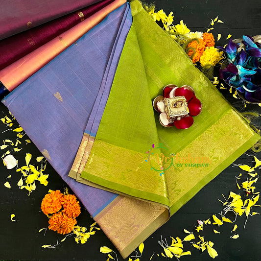 Steel Blue Grey with Green Handloom Silk Cotton Saree-VS139