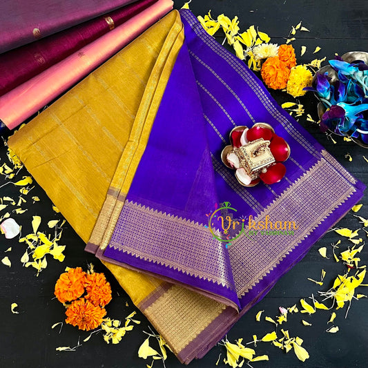 Mustard Yellow with Blue Handloom Silk Cotton Saree-VS137