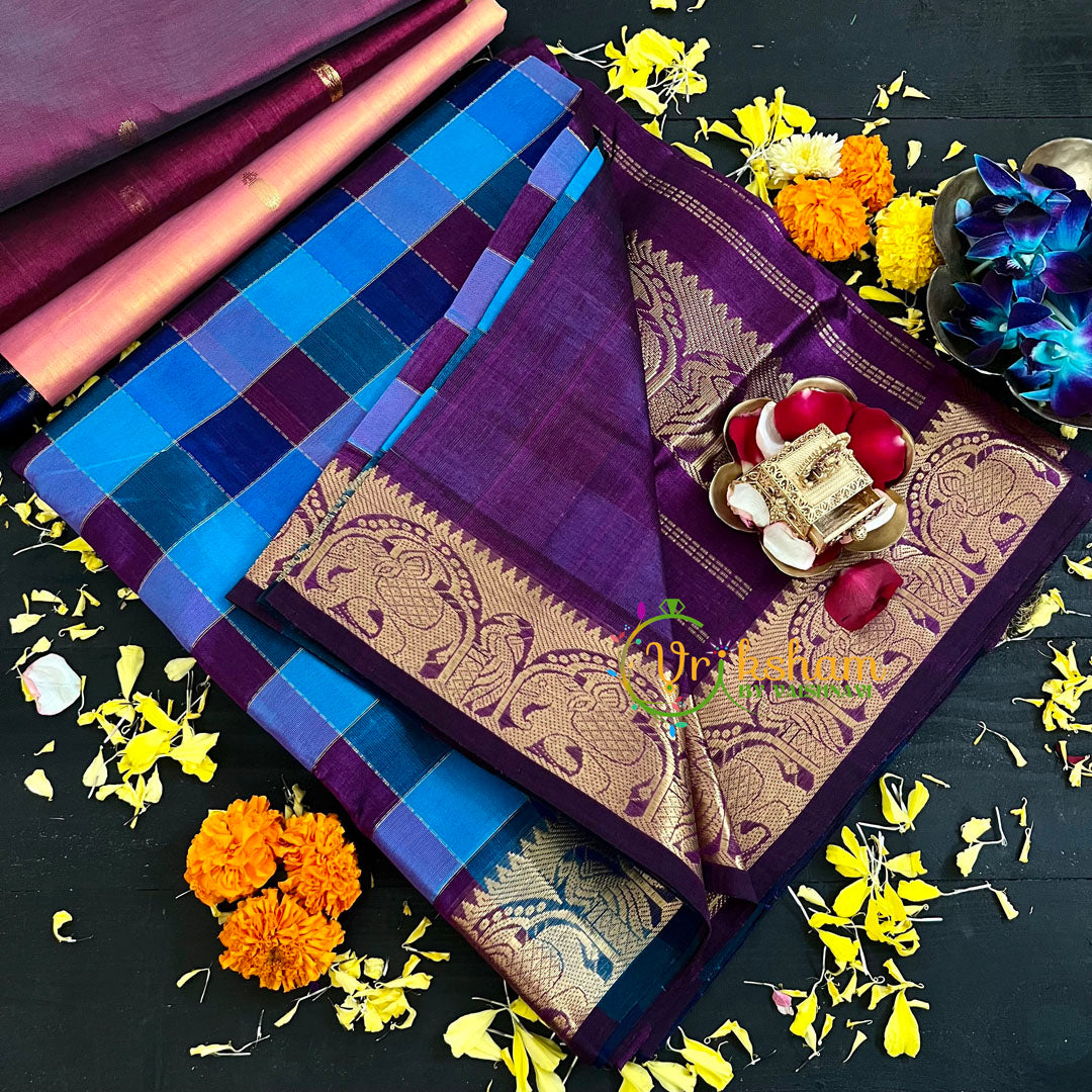  Blue Madras Checks Handloom Silk Cotton Saree-VS134