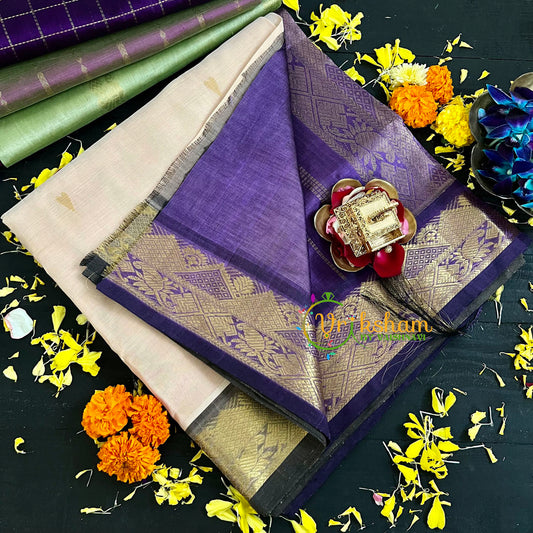 Half White with Blue Handloom Silk Cotton Saree-VS132