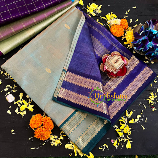 Grey with Blue Handloom Silk Cotton Saree-VS131