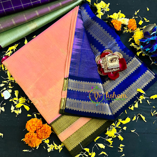  Peach with Blue Handloom Silk Cotton Saree-VS126