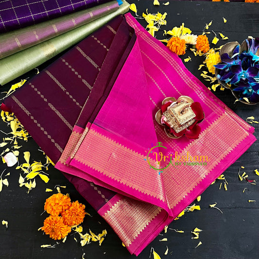  Dark Maroon with Pink Handloom Silk Cotton Saree-VS125