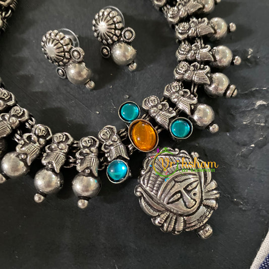 Blue Green and Yellow Stone Oxidized Kolhapuri Durga Neckpiece -S562