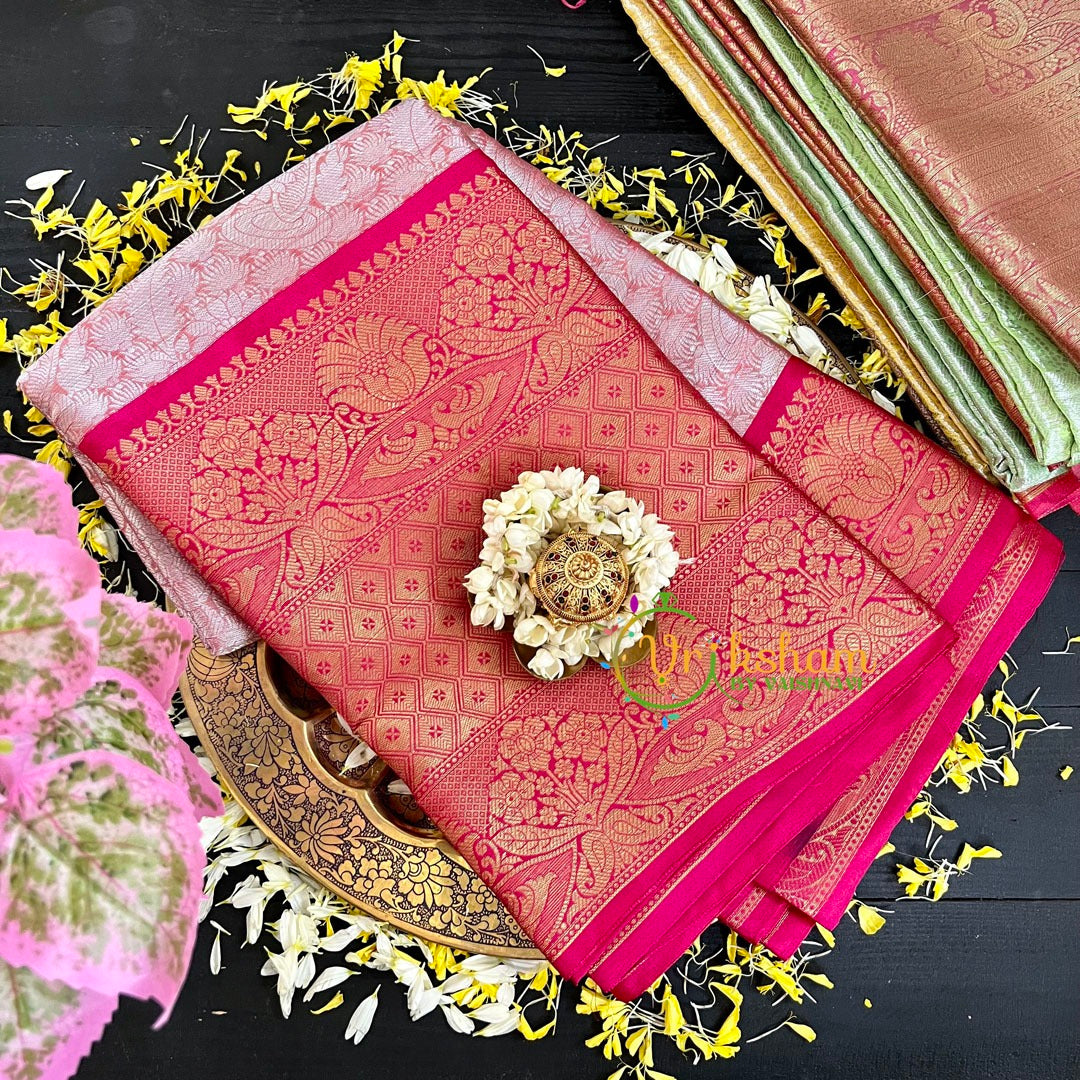 Peach with Pink Semi Benarasi Saree-VS176