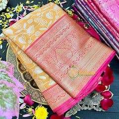 Yellow with Pink Semi Benarasi Saree-VS170