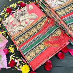 Pastel Red Semi Tussar Pastel Floral Saree-VS158
