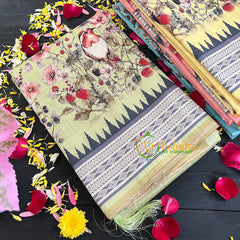 Light Yellow Semi Tussar Pastel Floral Saree-VS156