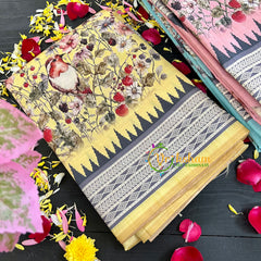 Pastel Yellow Semi Tussar Pastel Floral Saree-VS155