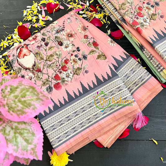 Pastel Pink Semi Tussar Pastel Floral Saree-VS153