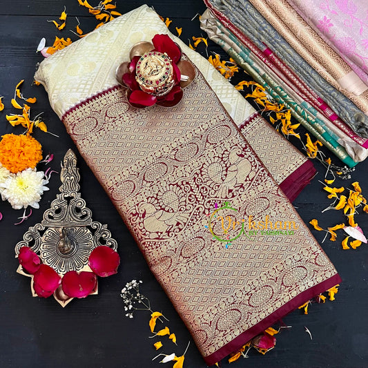 Half White with Maroon Kanchi Silk Saree-VS210