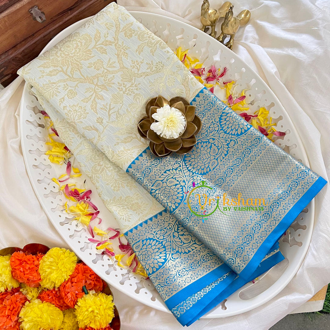 Half White Silk Saree with Blue Border -VS351