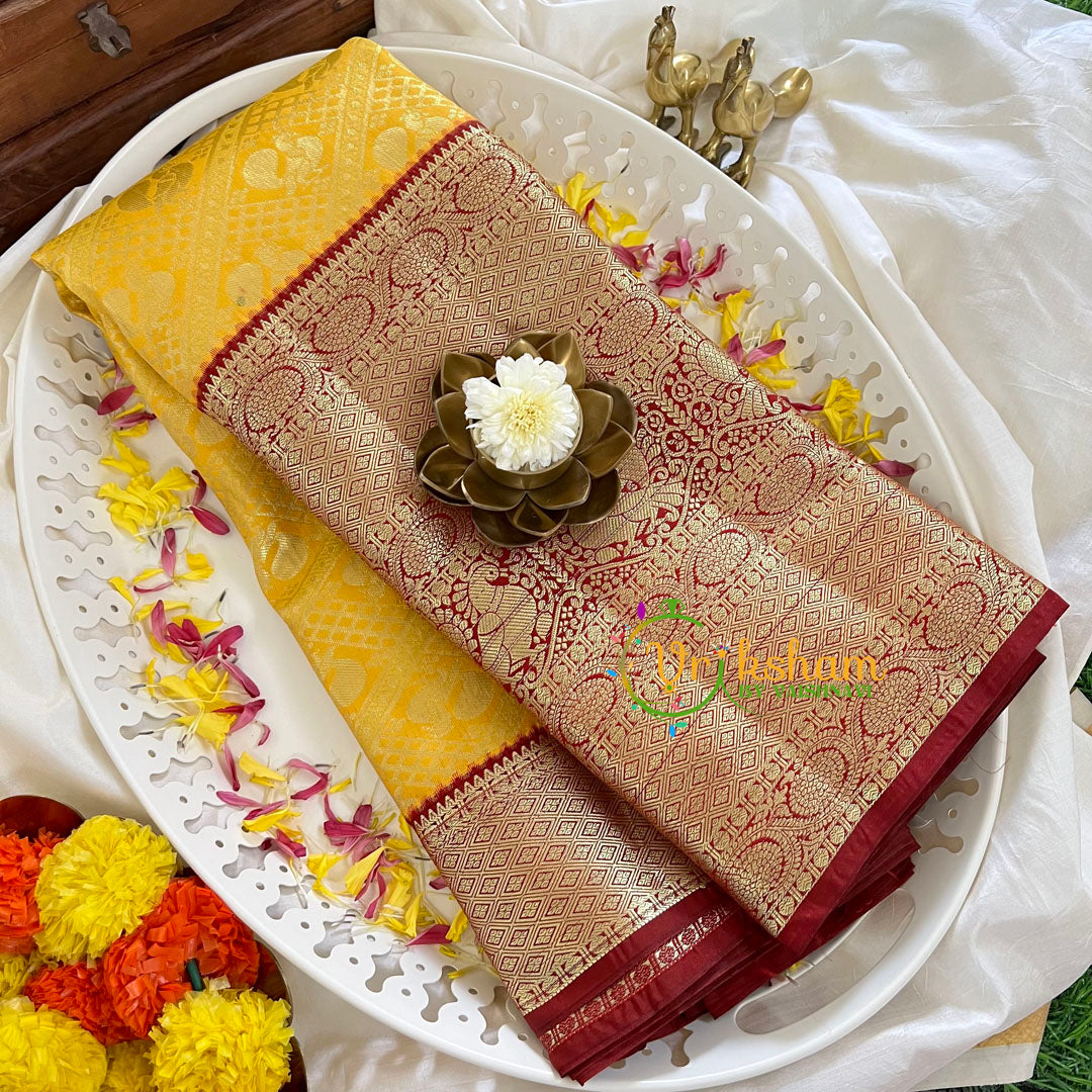 Mango Yellow with Maroon Silk Saree-VS359