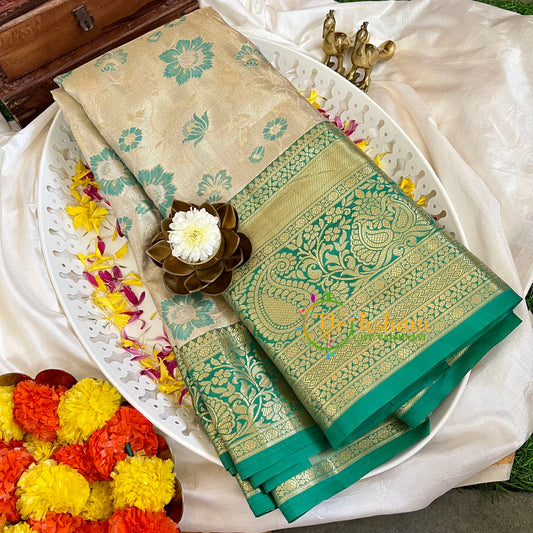 Beige and Teal Kanchi Silk Saree-VS212