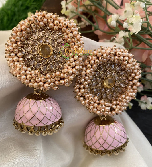 Cluster Pearl Chakra Jumbo Stud Jhumkas -Baby Pink-G2559