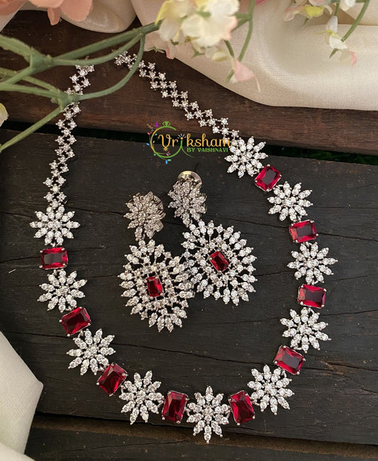 Elegant American diamond Choker Short Neckpiece- RED-G2385