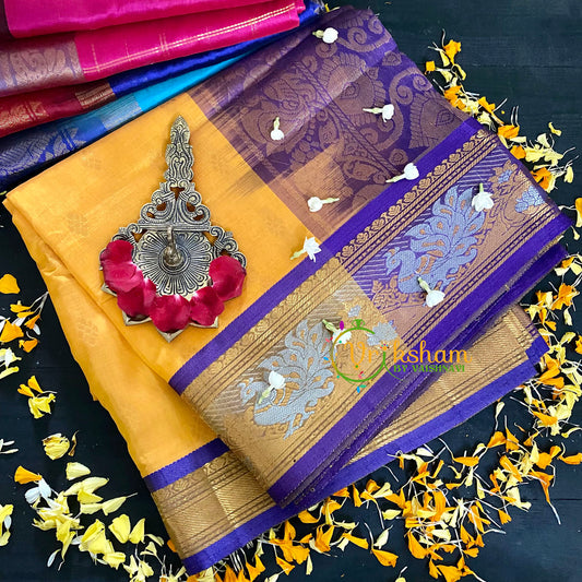 Yellow with Violet Border Korvai Handloom Silk Cotton Saree-VS66