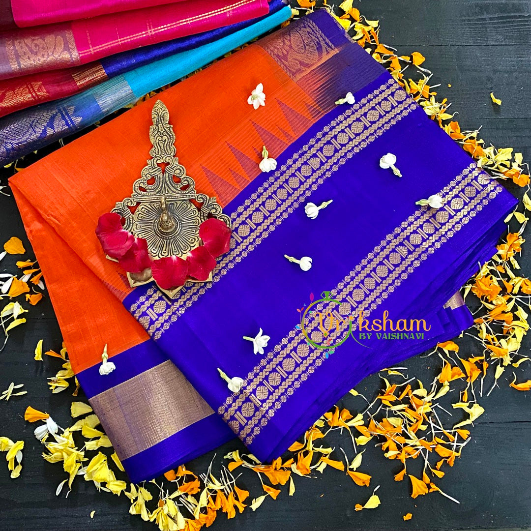 Fanta Orange with Violet Korvai Handloom Silk Cotton Saree-VS60