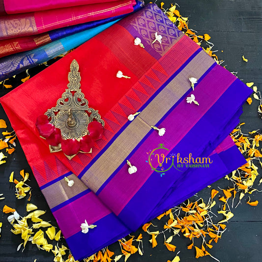 Orange Red with Purple Korvai Handloom Silk Cotton Saree-VS64