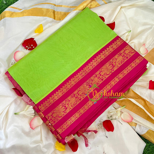 Parrot Green with Pink Korvai Handloom Silk Cotton Saree-VS231