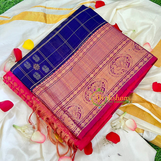 Blue and Pink Kattam Silk Cotton Saree-VS236