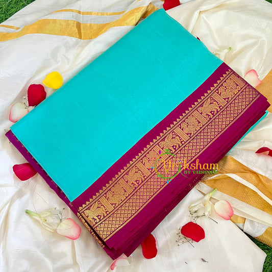 Sea Blue with Majenta Korvai Handloom Silk Cotton Saree-VS226