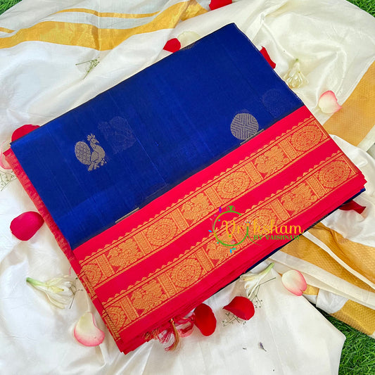 Blue and Red Korvai Handloom Silk Cotton Saree-VS237