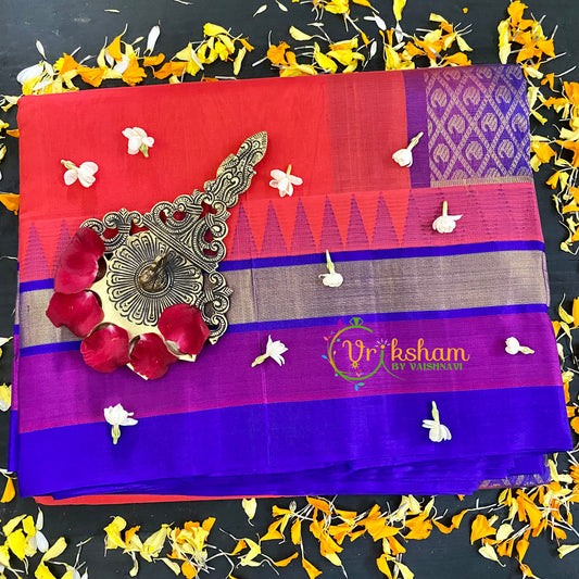 Orange Red with Purple Korvai Handloom Silk Cotton Saree-VS64