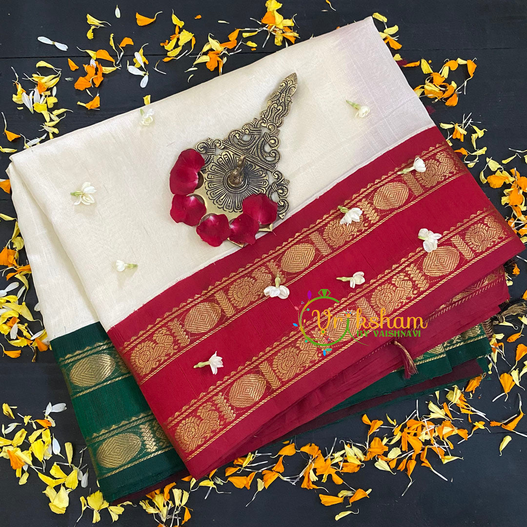 White with Ganga Jamuna Border Korvai Handloom Silk Cotton Saree-VS56