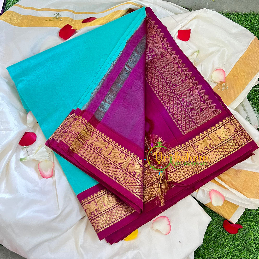 Sea Blue with Majenta Korvai Handloom Silk Cotton Saree-VS226