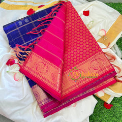 Blue and Pink Kattam Silk Cotton Saree-VS236