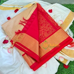 Beige with Red Korvai Handloom Silk Cotton Saree-VS235