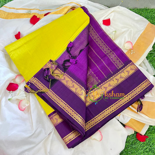 Yellow with Purple Korvai Handloom Silk Cotton Saree-VS232