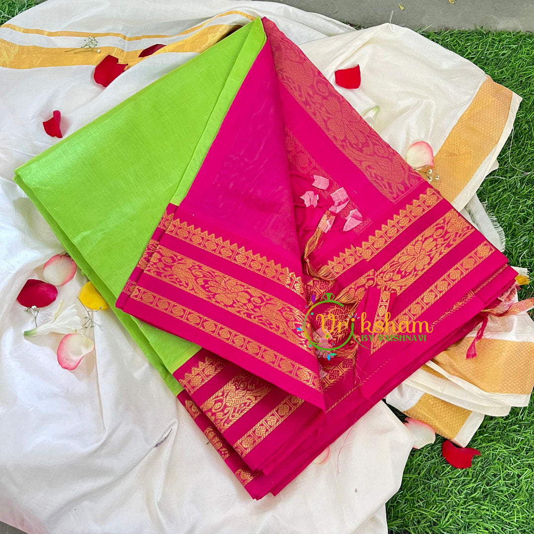 Parrot Green with Pink Korvai Handloom Silk Cotton Saree-VS231