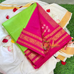 Parrot Green with Pink Korvai Handloom Silk Cotton Saree-VS231