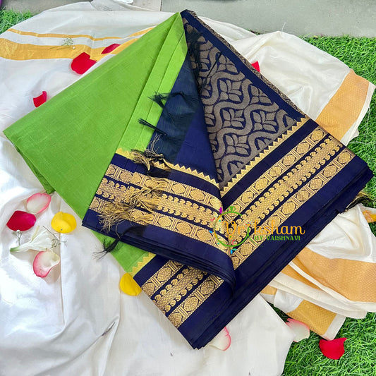 Parrot Green Korvai Handloom Silk Cotton Saree-VS230