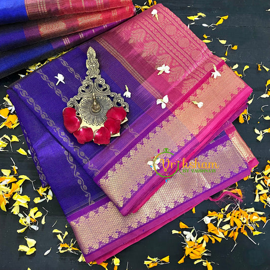 Ink Blue with Pink Vairaoosi Silk Cotton Saree-Patterened-VS68