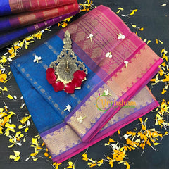 Peacock Blue with Pink Vairaoosi Silk Cotton Saree-Patterned-VS74