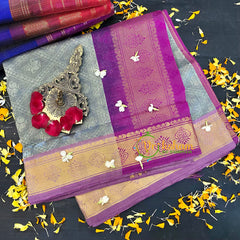 Grey with Purple Korvai Handloom Silk Cotton Saree-VS52