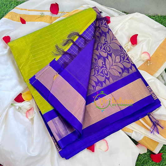 Light Green With Blue Korvai Handloom Silk Cotton Saree-VS228