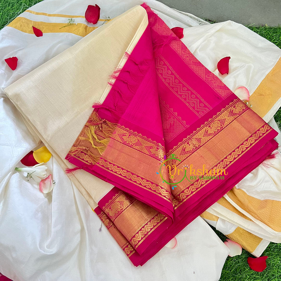 Half White with Pink Silk Cotton Saree-Korvai Border-VS227